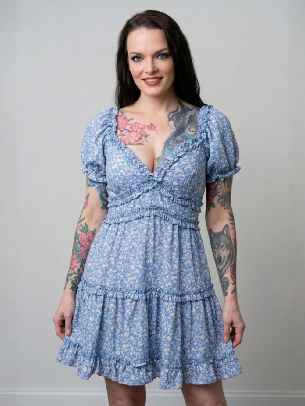 Windsor ✦ Blue Floral Ruffle Mini Dress ✦ Puff Sleeves V‑Neck Smocked Waist S - Picture 1 of 14